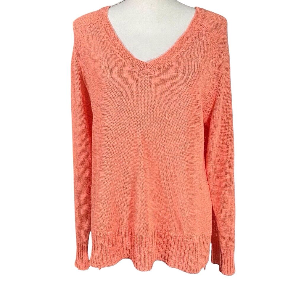 Eileen Fisher Linen Cotton Sweater Loose Knit V-Neck LS Orange Medium Beach
